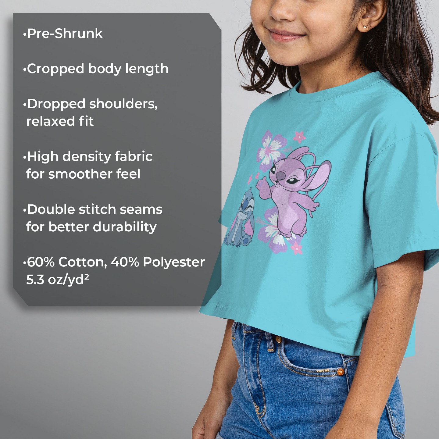 Футболка Lilo & Stitch Angel Kisses and Flowers Graphic Graphic Cropped T-Shirt - Blue для девочек, цвет: Синий — фото 6