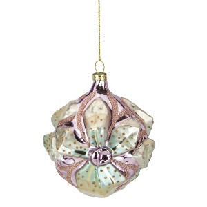 Northlight 4.25" Green Flowers on Pink Glass Christmas Ornament - 1 of 3