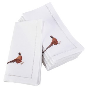 6pk White Embroidered Pheasant Design Napkin 20" - Saro Lifestyle: Elegant Dinner Table Accessories, 100% Cotton - 1 of 3