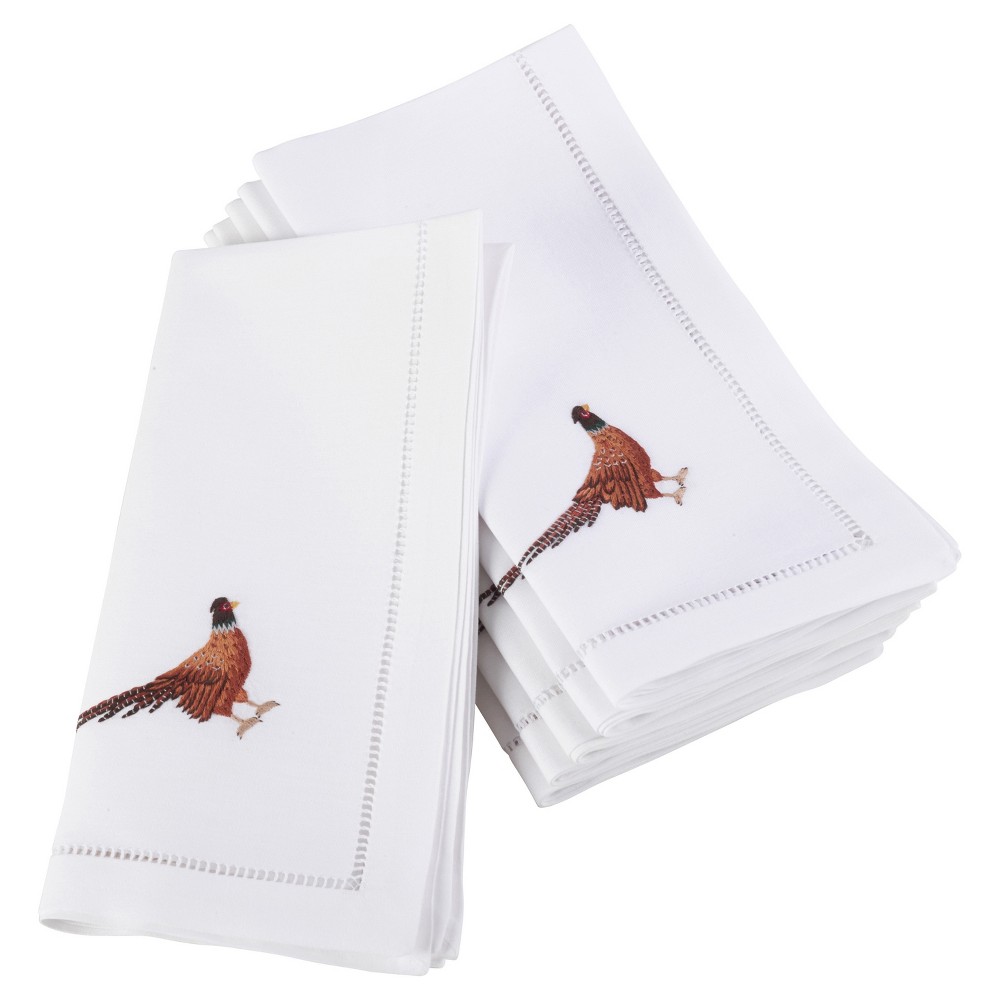 Photos - Tablecloth / Napkin 6pk White Embroidered Pheasant Design Napkin 20" - Saro Lifestyle