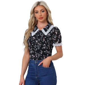 INSPIRE CHIC Women's Peter Pan Collar Lace Trim Embroidered Casual Floral Blouse - 1 of 4