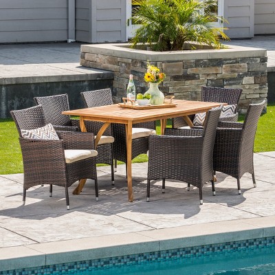 Christopher Knight Home Zain Outdoor Acacia Wood and Wicker 7 Piece Dining Set with Cushion