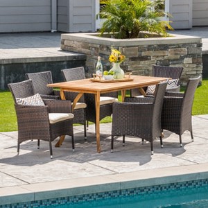 Christopher Knight Home Zain Outdoor Acacia Wood and Wicker 7 Piece Dining Set with Cushion - 1 of 4