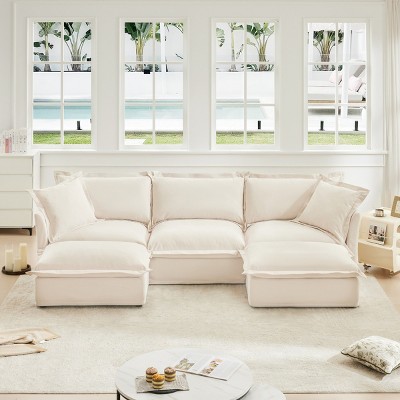 Slipcovered Sectional Sofa, 3 Seater Sofa with Removable Cover, Sofa Couch with Ottoman, Chenille Fabric Sectional Sofas-Cuddlewood