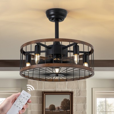 Ludomide 20'' Industrial Black Caged Ceiling Fan With Lights And Remote Control, Farmhouse Chandelier Ceiling Fan Lights