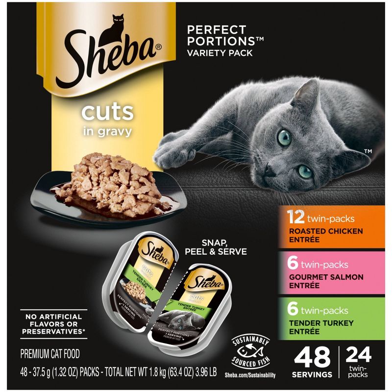 Sheba Perfect Portions Cuts In Gravy Chicken, Salmon &#38; Turkey Entr&#233;e Premium Wet Cat Food - 3.96lb/24ct Variety Pack, 3 of 12