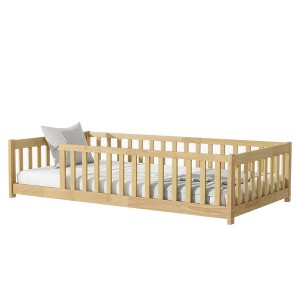 Gulches Twin Size Rubber Wood Floor Bed with Fence (No Door) & Safety Guardrails, Natural - 1 of 4