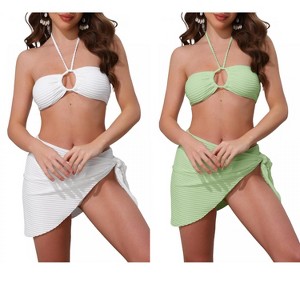 INSPIRE CHIC Women's Rope Circle Halter Ribbed Triangle Bottoms Side Tie Cover Up Swimwear Bathing Bikini Suits 2 Sets - 1 of 4