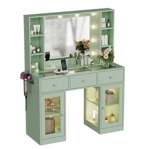 White Particle Board Veneered with Textured Melamine, 3 Drawers, 2 Glass Doors, Left and Right 2-tier Shelves, Glass Tabletop Dressing Table - 1 of 4