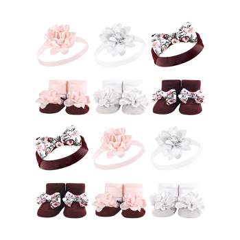 Hudson Baby Infant Girl 12Pc Headband and Socks Giftset, Pink Burgundy, One Size