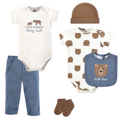 Hudson Baby Infant Boy Cotton Layette Set, Blue Brown Little Bear