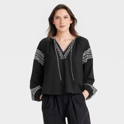 Tibi, online Black, Long Sleeve, Eyelet/Embroidered Blouse