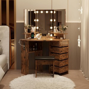 Makeup Vanity Desk - Vanity Desk Set with Lights & Power Outlet Corner Vanity Table with 5 Rotating Drawers 3 Lighting Mode - 1 of 4