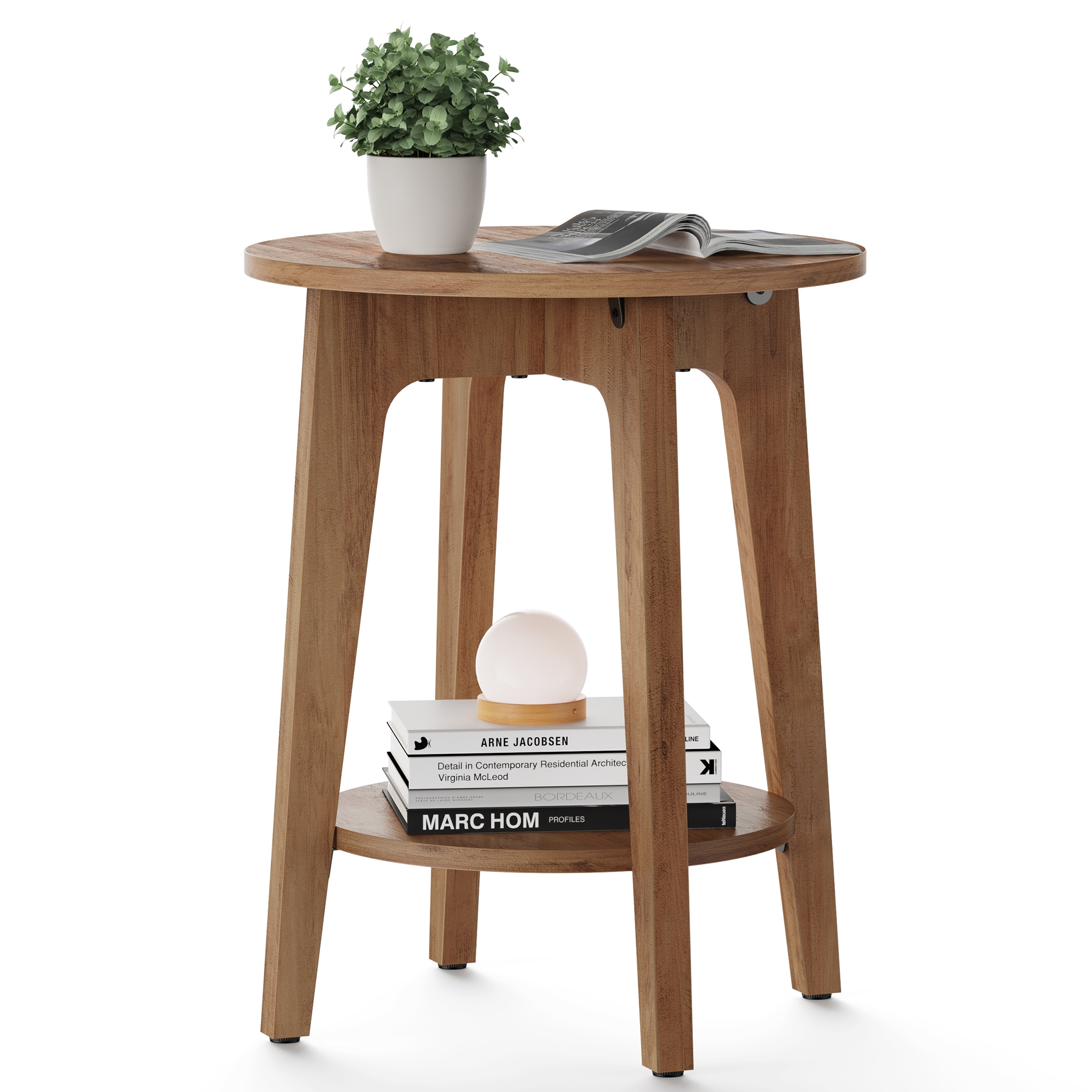 Round Side Table with Lower Shelf, End Table for Small Spaces, Nightstand Rustic Walnut