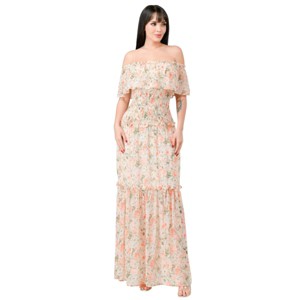 Slickblue Women's Floral Chiffon Maxi Dress, Off Shoulder, Smocked Back, Ruffled Tiered, Cream, Size S-L - 1 of 4