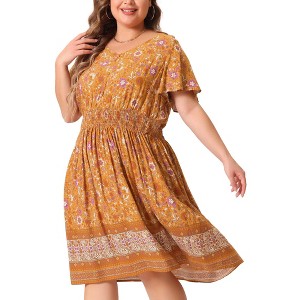 Agnes Orinda Women's Plus Size V Neck Short Sleeve Midi Boho Floral Smock Waist Outfits A Line Dresses - 1 of 4