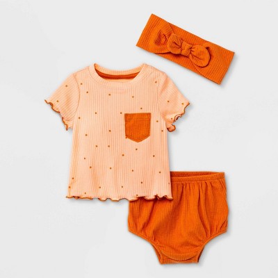 Image of Baby Girls' Peach Dot Rib Short Sleeve Top & Bottom Set with Headband - Cat & Jack™ Peach Orange 0-3M