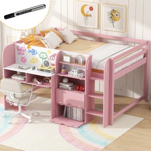 JUJABU Full Size Low Loft Bed with Desk, Cabinets, Bookshelves & Graffiti Whiteboard - 1 of 4
