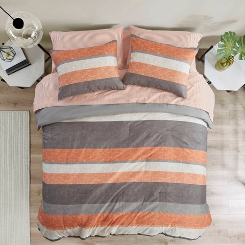 Madison Park King Ryder Striped Comforter Set with Bed Sheet Coral Orange
