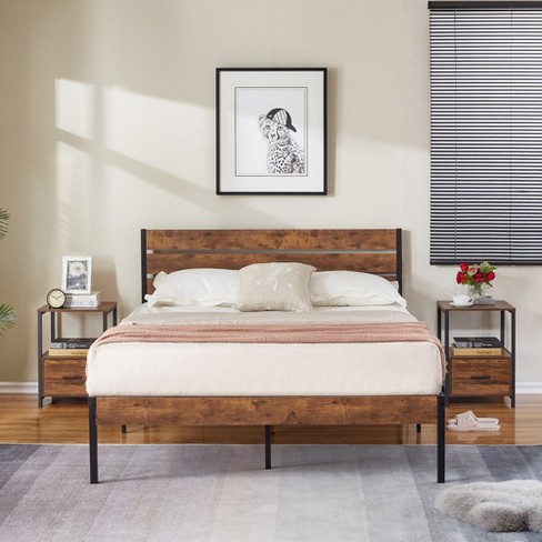 Vecelo Platform Queen Bed Frame With Rustic Vintage Wood Headboard And ...