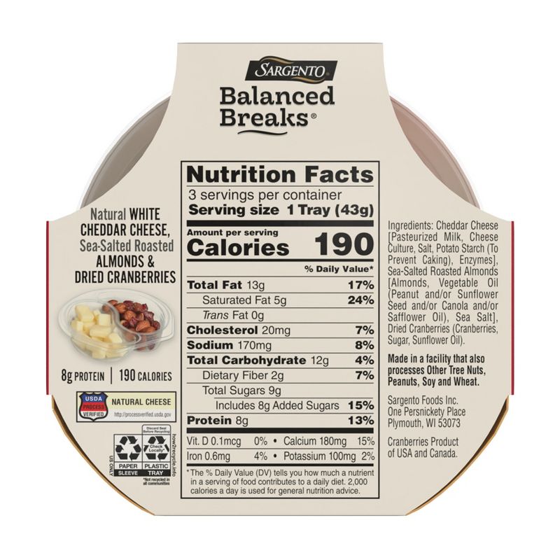 Sargento Balanced Breaks Natural White Cheddar, Sea-Salted Roasted Almonds &#38; Dried Cranberries - 4.5oz/3ct, 4 of 10