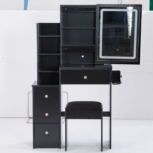 Okak Vanity Table and Chair Set, 29.2" Small Size Left Bedside Cabinet Vanity Table with Extra Large Touch Control Sliding LED Mirror - 1 of 4