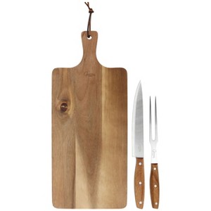 Gibson Elite 3 Piece Acacia Wood Serving Board with Carving Knife and Fork in Brown - 1 of 4