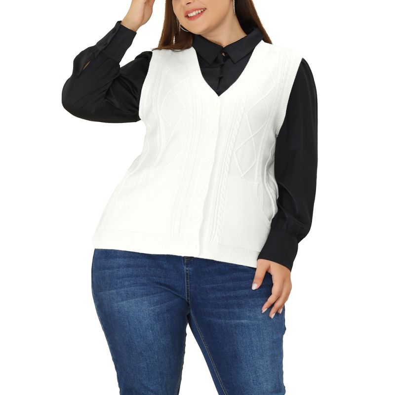 Agnes Orinda Women Plus Size Cable Knit Button Sleeveless Pocket Sweater Vest, 1 of 6