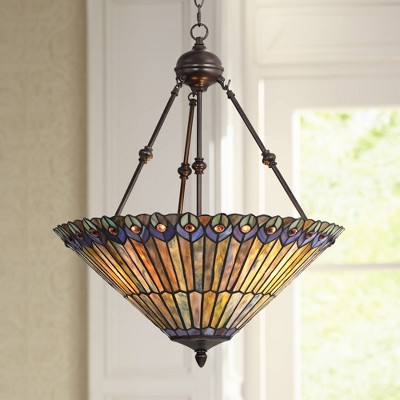 Elegant Peacock Feather 24.5" Bronze & Glass Pendant Light