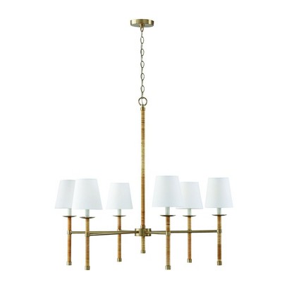 Matte Brass 6-Light Chandelier with White Fabric Shades