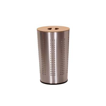 Household Essentials Round Brushed Stainless Hamper Wood Lid