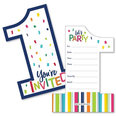 Big Dot of Happiness 1st Birthday - Cheerful Happy Birthday - Shaped Fill-In Invites - First Birthday Invitation Cards with Envelopes - Set of 12