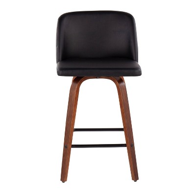 Set of 2 Black Faux Leather and Walnut Wood Swivel Barstools