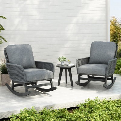 Outdoor 3 Pcs Furniture Set, PE Rattan Rocking Chairs and Wooden Accent Table, Sofa Set with PE Cushions and Wooden Frame-Coolbibila