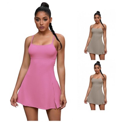 INSPIRE CHIC 3 Packs Women's Spaghetti Strap with Built-in Bra and Shorts Workout Side Slit Square Neck Full Slips