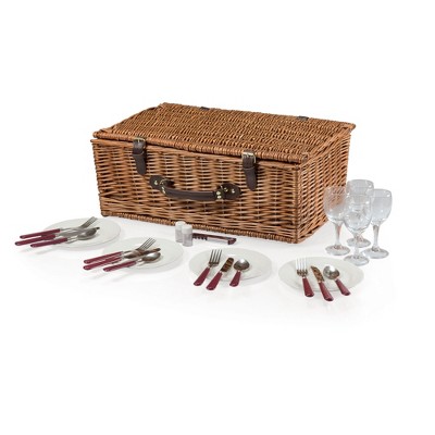 Newbury Wicker Picnic Basket with Navy and Burgundy Plaid Interior