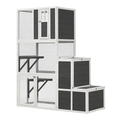 Wooden Cat House for Indoor & Outdoor Use, 3 Tier Cat Enclosure Resting Box with 4 Platforms, Cat Shelter Kitty House For 1-3 Cats Hiding Resting