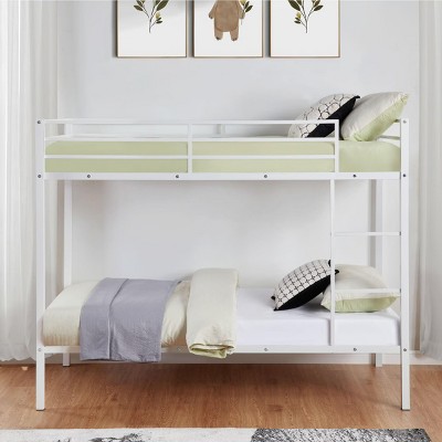 INFURNIC Beds Metal Twin Over Twin Bunk Bed Low Profile Frame with Built-in Ladder and High Guardrails for Kids Teens, White, 77.56"*41.34"*61.81"