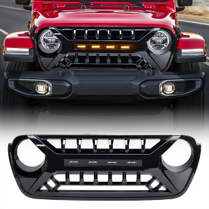 AMERICAN MODIFIED Armor Grille w/ LED Amber Lights and Camera Bracket Compatible with 2018-2023 Jeep Wrangler JL and Gladiator JT, Glossy Black - 1 of 4