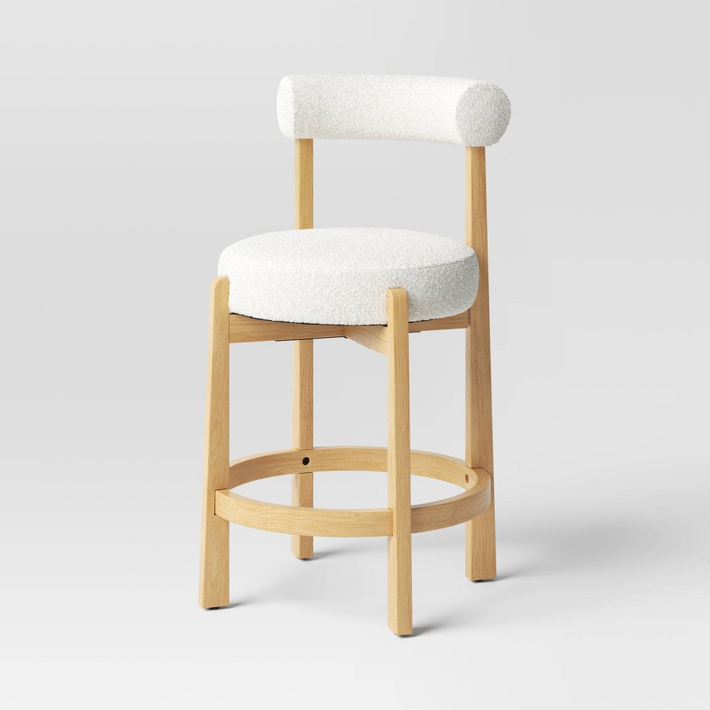 Photos - Storage Combination Sculptural Upholstered and Wood Boucle Counter Height Barstool Cream - Thr