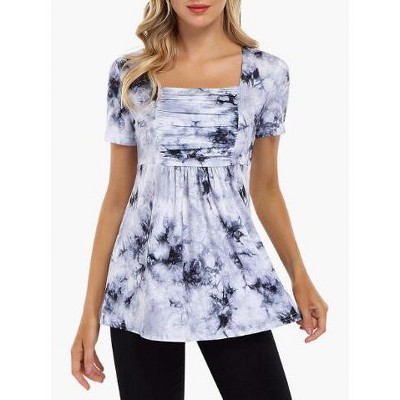 Womens Square Neck Ruched Tops  Waist Tunics Long Sleeve Tie