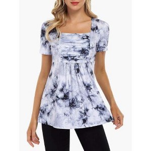 Printed Square Collar Pleated A-Sleeve Short Sleeve Simple Knit T-Shirt Top - 1 of 2