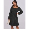 Long Lantern Sleeve Swing Dress with Square Neck & Ruffle Hem, Elastic Waist A-Line Short Dress for Women, Fall Fashion Black - 2 of 4