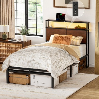 WOWLIVE Twin/Full/Queen/King Bed Frame with Outlets & LED Lights, Metal Bed Frame with Storage Headboard, No Spring Box Needed