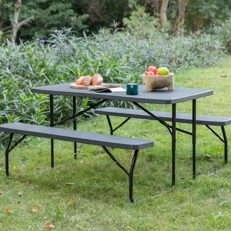 Gardenised Gray Outdoor Foldable Woodgrain Portable Picnic Table Set, 5 of 13