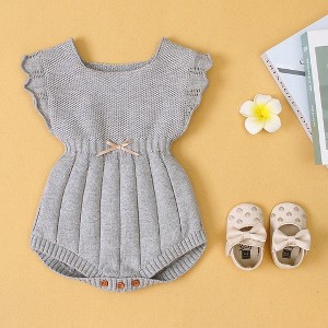 MyKids-USA Baby Girl 1pcs Ribbed Knitted Pattern Ruffle Design Solid Knitted Onesies Bodysuit - 1 of 4