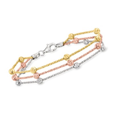 Ross-Simons Italian Tri-Colored Sterling Silver 3-Strand Bead Station Bracelet