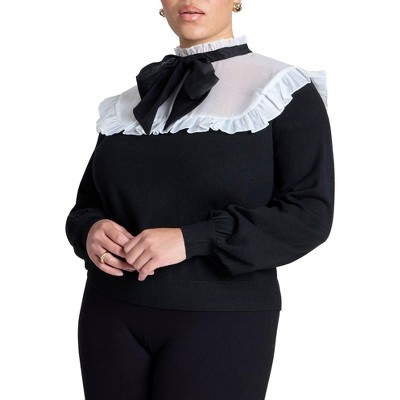 ELOQUII Women's Plus Size Sheer Yoke Sweater With Tie Neck