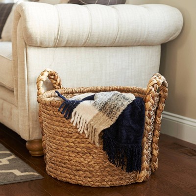 Handwoven Water Hyacinth Round Wicker Storage Basket with Braided Handles