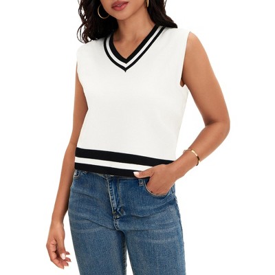 ATHLECHIC Women's Summer Knit Color Block Sleeveless V Neck Loose Fit Preppy Trendy Tank Tops